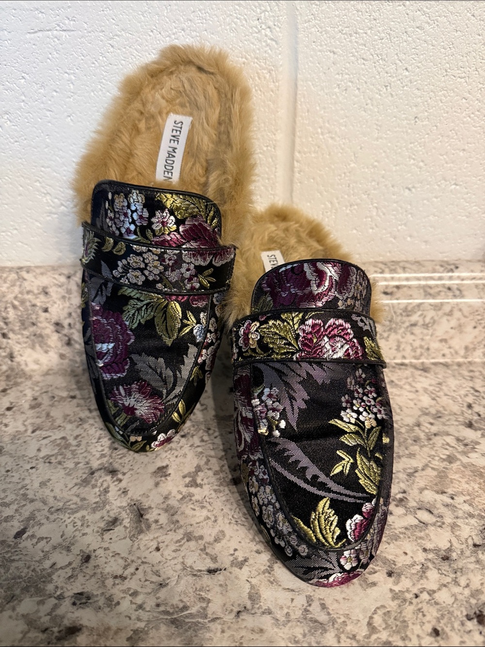 Steve Madden jacquard mules faux fur trim